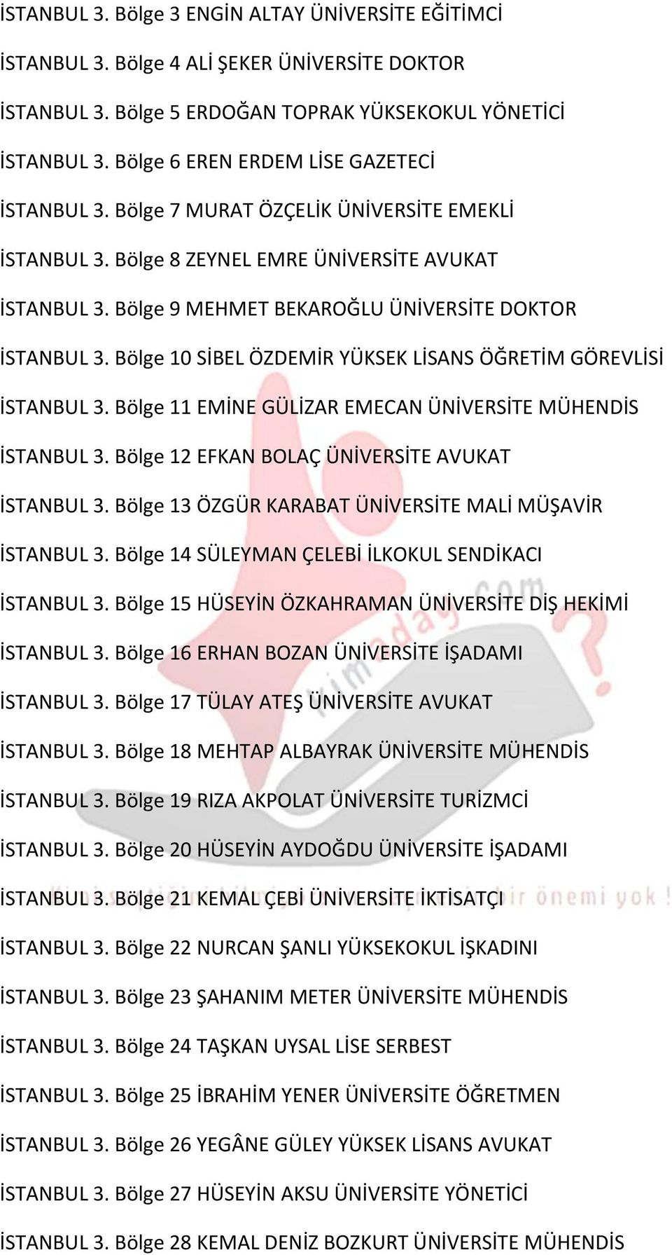 Bölge 9 MEHMET BEKAROĞLU ÜNİVERSİTE DOKTOR İSTANBUL 3. Bölge 10 SİBEL ÖZDEMİR YÜKSEK LİSANS ÖĞRETİM GÖREVLİSİ İSTANBUL 3. Bölge 11 EMİNE GÜLİZAR EMECAN ÜNİVERSİTE MÜHENDİS İSTANBUL 3.