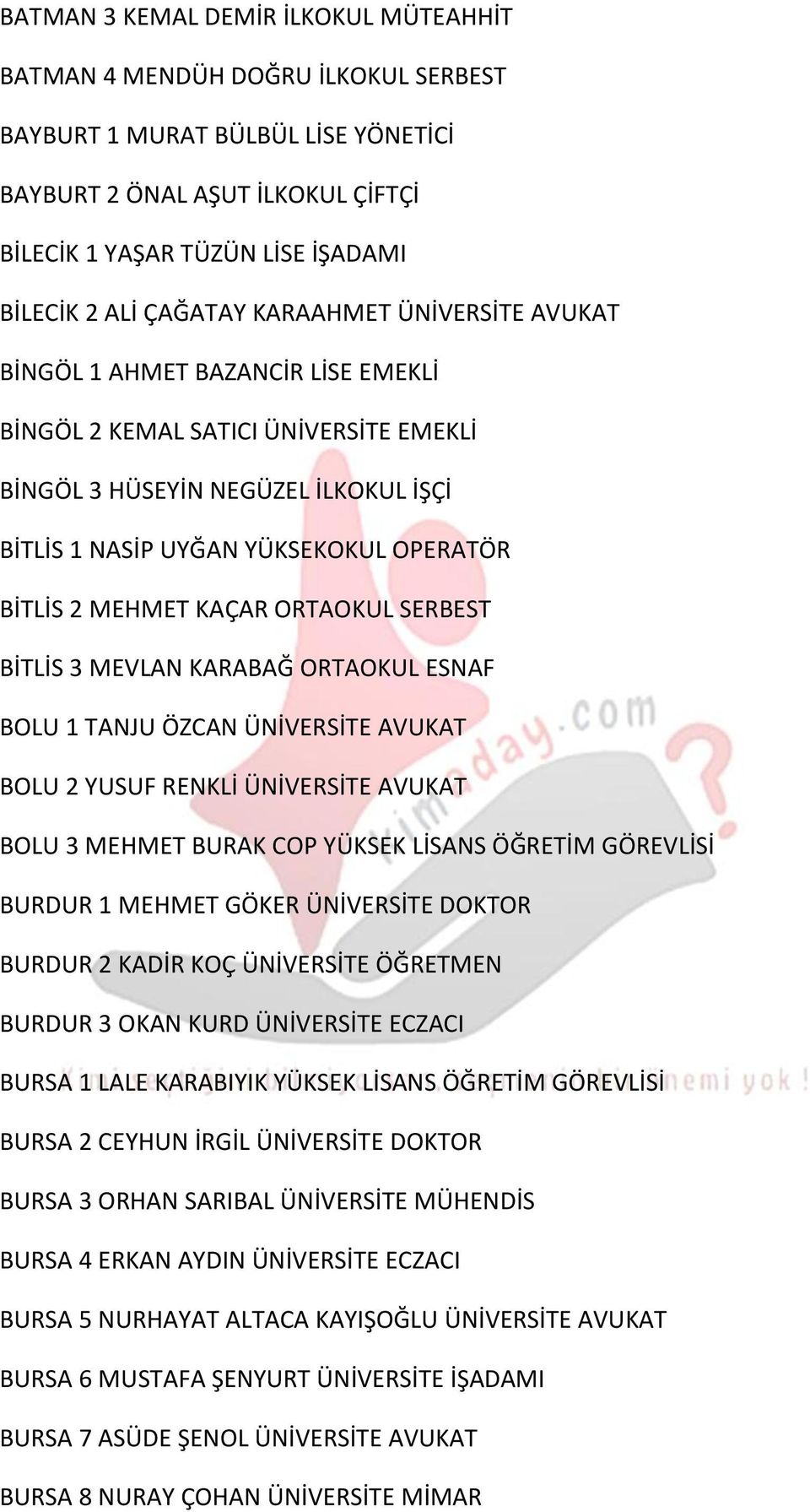 MEHMET KAÇAR ORTAOKUL SERBEST BİTLİS 3 MEVLAN KARABAĞ ORTAOKUL ESNAF BOLU 1 TANJU ÖZCAN ÜNİVERSİTE AVUKAT BOLU 2 YUSUF RENKLİ ÜNİVERSİTE AVUKAT BOLU 3 MEHMET BURAK COP YÜKSEK LİSANS ÖĞRETİM GÖREVLİSİ