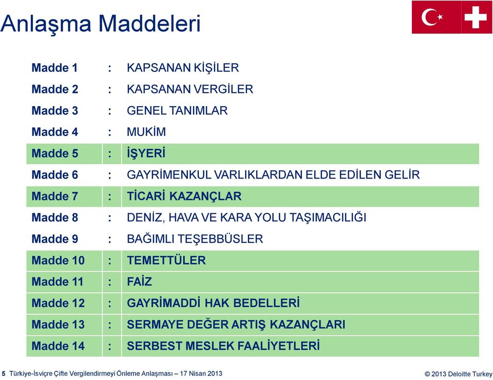 TAŞIMACILIĞI Madde 9 : BAĞIMLI TEŞEBBÜSLER Madde 10 : TEMETTÜLER Madde 11 : FAİZ Madde 12 : GAYRİMADDİ HAK BEDELLERİ Madde 13 :