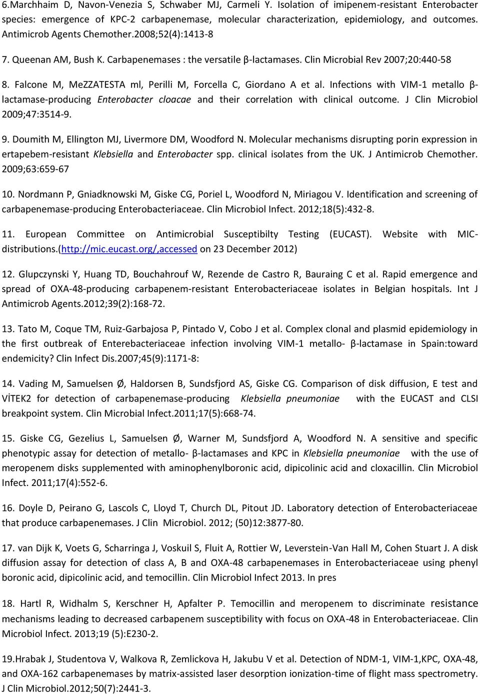 Falcone M, MeZZATESTA ml, Perilli M, Forcella C, Giordano A et al. Infections with VIM-1 metallo β- lactamase-producing Enterobacter cloacae and their correlation with clinical outcome.