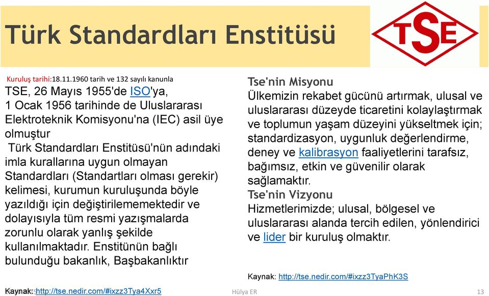 kurallarına uygun olmayan Standardları (Standartları olması gerekir) kelimesi, kurumun kuruluşunda böyle yazıldığı için değiştirilememektedir ve dolayısıyla tüm resmi yazışmalarda zorunlu olarak