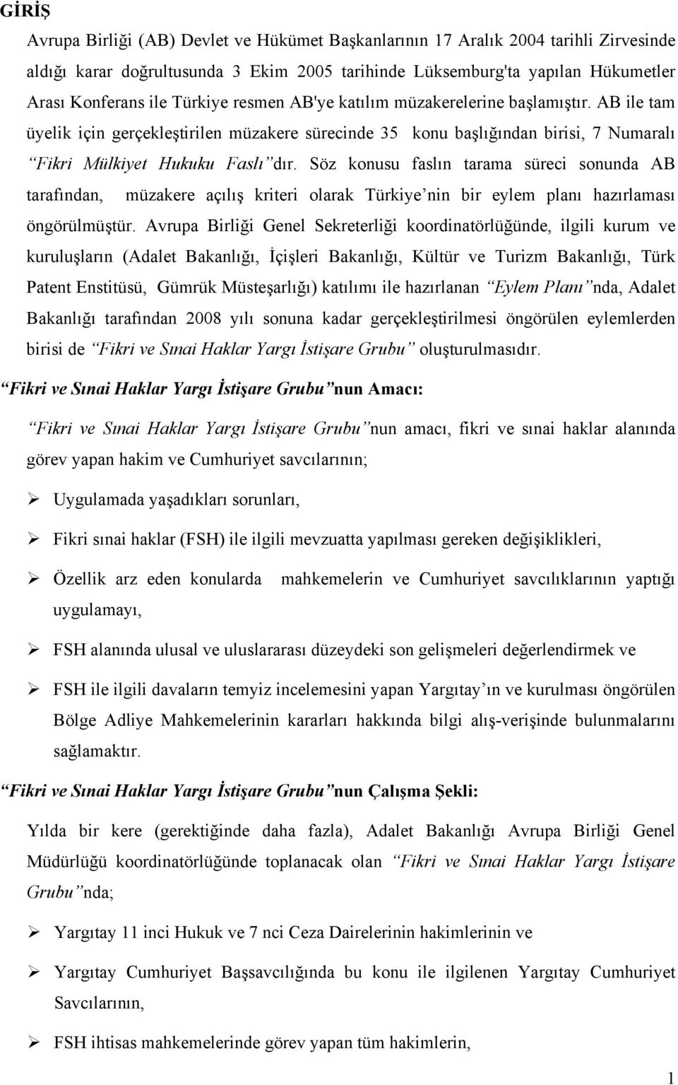 Söz konusu faslın tarama süreci sonunda AB tarafından, müzakere açılış kriteri olarak Türkiye nin bir eylem planı hazırlaması öngörülmüştür.