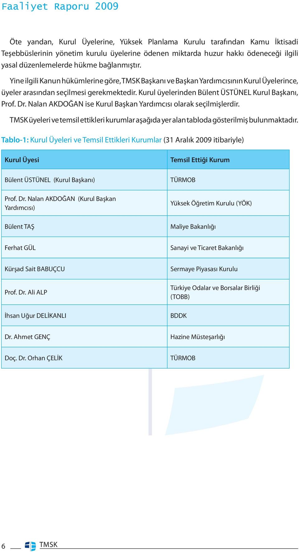 Dr. Nalan AKDOĞAN ise Kurul Başkan Yardımcısı olarak seçilmişlerdir. TMSK üyeleri ve temsil ettikleri kurumlar aşağıda yer alan tabloda gösterilmiş bulunmaktadır.