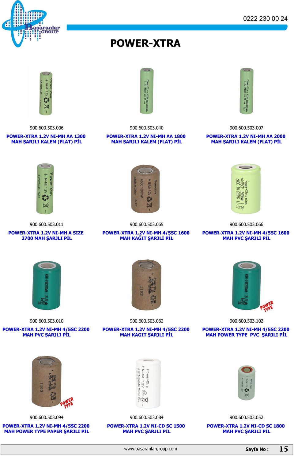 2V NI-MH 4/5SC 1600 MAH PVC ŞARJLI PİL 900.600.503.010 POWER-XTRA 1.2V NI-MH 4/5SC 2200 MAH PVC ŞARJLI PİL 900.600.503.032 POWER-XTRA 1.2V NI-MH 4/5SC 2200 MAH KAGIT ŞARJLI PİL 900.600.503.102 POWER-XTRA 1.