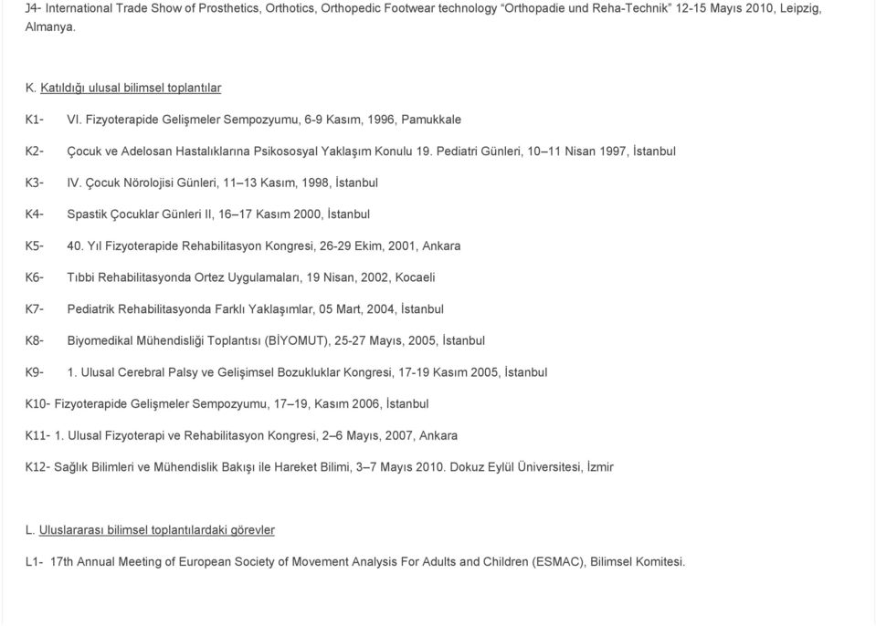 Çocuk Nörolojisi Günleri, 11 13 Kasım, 1998, İstanbul K4 Spastik Çocuklar Günleri II, 16 17 Kasım 2000, İstanbul K5 40.