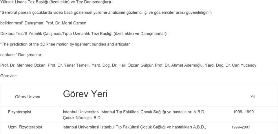 Yeterlik Çalışması/Tıpta Uzmanlık Tezi Başlığı (özeti ekte) ve Danışman(lar)ı : The prediction of the 3D knee motion by ligament bundles and articular contacts Danışmanlar: Prof. Dr.