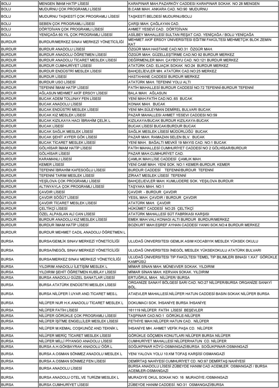 DÖRTDİVAN BOLU YENİÇAĞA 60.YIL ÇOK PROGRAMLI LİSESİ ASİLBEY MAHALLESİ SULTAN REŞAT CAD.