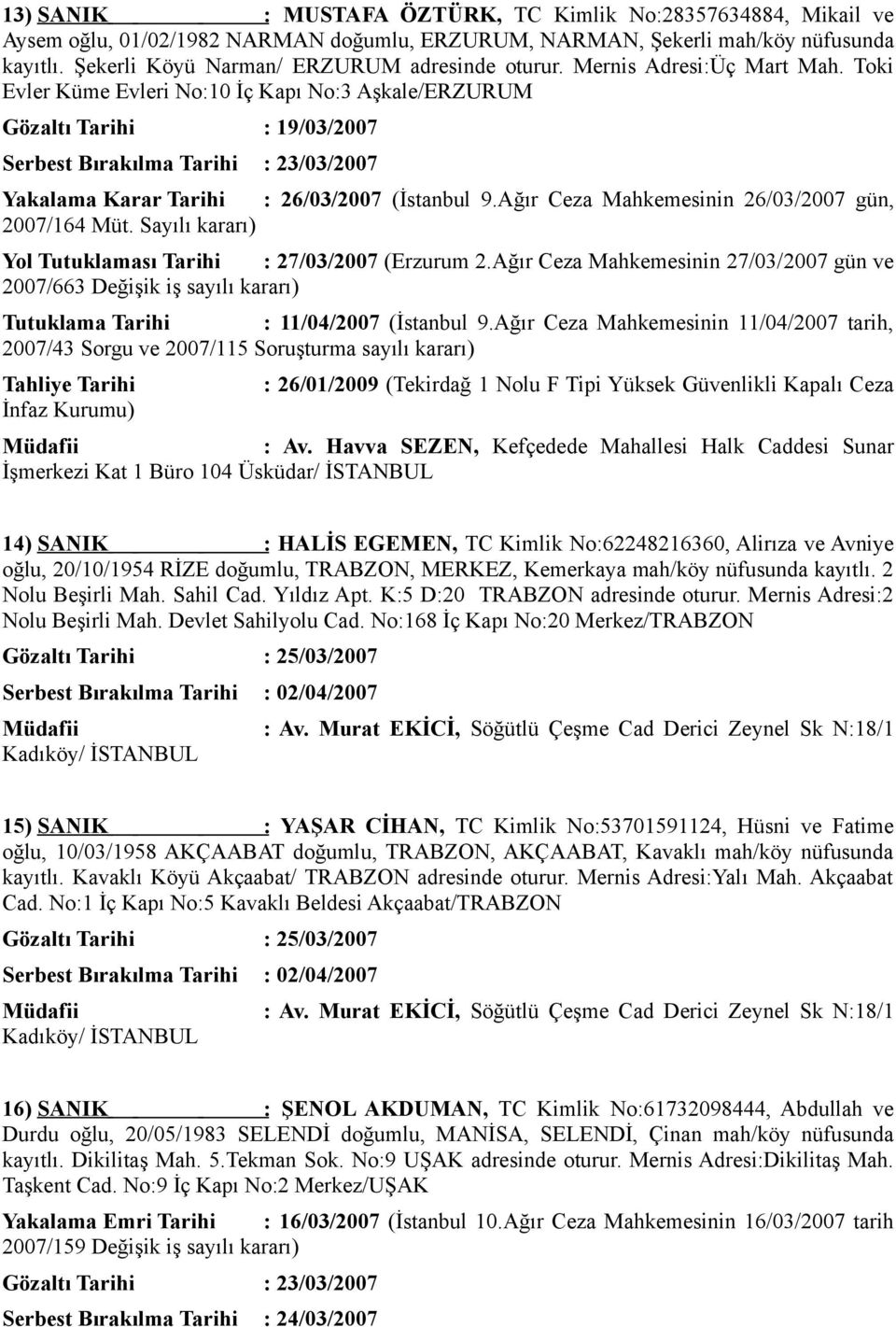 Toki Evler Küme Evleri No:10 İç Kapı No:3 Aşkale/ERZURUM Gözaltı Tarihi : 19/03/2007 Serbest Bırakılma Tarihi : 23/03/2007 Yakalama Karar Tarihi : 26/03/2007 (İstanbul 9.