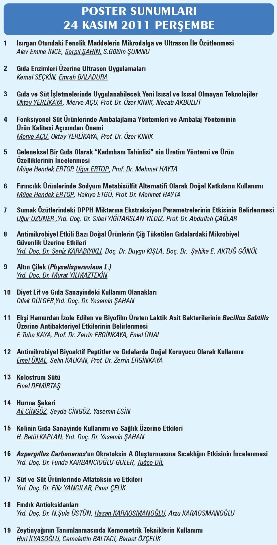 AÇU, Prof. Dr. Özer KINIK, Necati AKBULUT 4 Fonksiyonel Süt Ürünlerinde Ambalajlama Yöntemleri ve Ambalaj Yönteminin Ürün Kalitesi Açısından Önemi Merve AÇU, Oktay YERLİKAYA, Prof. Dr. Özer KINIK 5 Geleneksel Bir Gıda Olarak Kadınhanı Tahinlisi nin Üretim Yöntemi ve Ürün Özelliklerinin İncelenmesi Müge Hendek ERTOP, Uğur ERTOP, Prof.