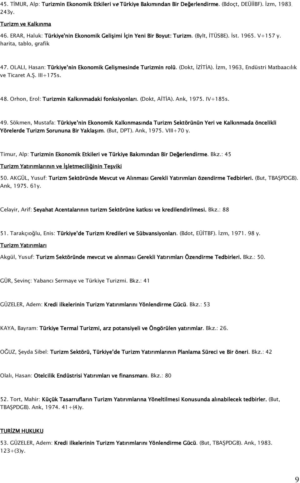 OLALI, Hasan: Türkiye nin Ekonomik Gelişmesinde Turizmin rolü r olü. (Dokt, İZİTİA). İzm, 1963, Endüstri Matbaacılık ve Ticaret A.Ş. III+175s. 48. Orhon, Erol: Turizmin Kalkınmadaki fonksiyonları.