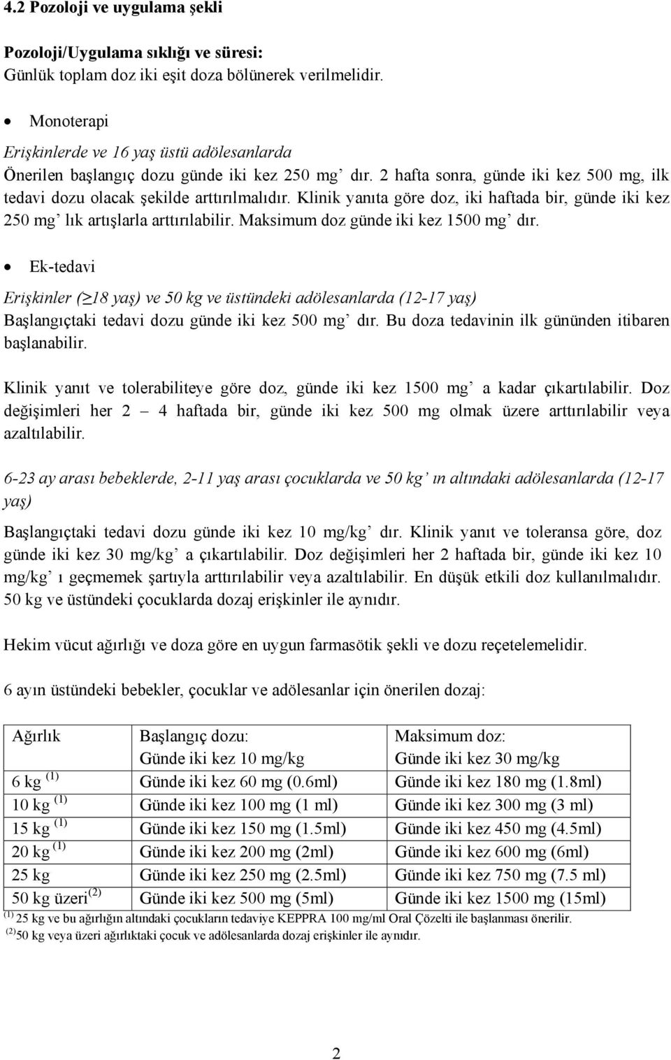 Klinik yanıta göre doz, iki haftada bir, günde iki kez 250 mg lık artışlarla arttırılabilir. Maksimum doz günde iki kez 1500 mg dır.