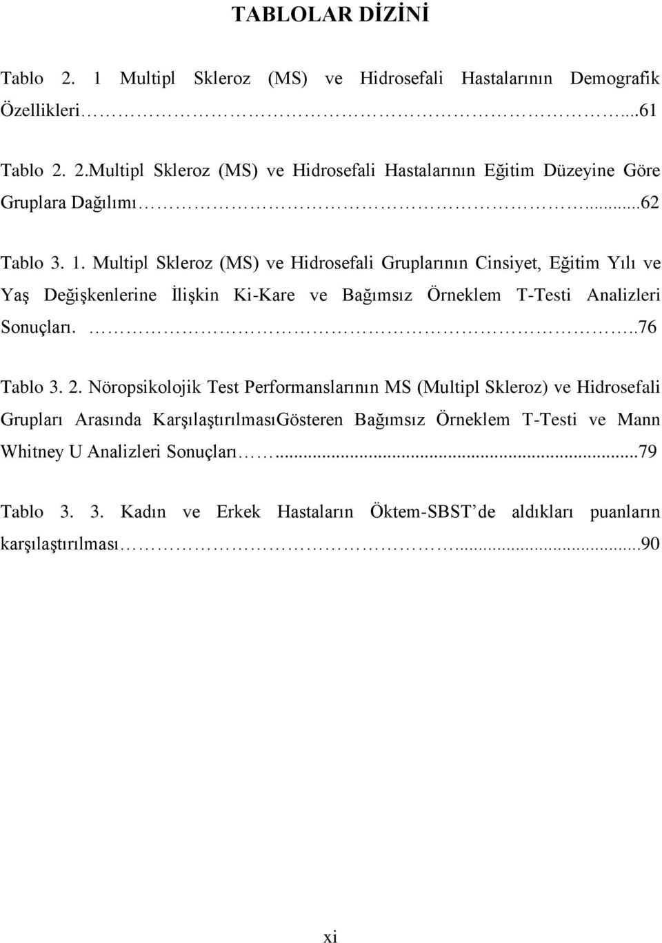 Multipl Skleroz (MS) ve Hidrosefali Gruplarının Cinsiyet, Eğitim Yılı ve Yaş Değişkenlerine İlişkin Ki-Kare ve Bağımsız Örneklem T-Testi Analizleri Sonuçları...76 Tablo 3.