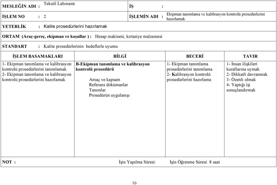 kalibrasyon kontrolü prosedürlerini tanımlamak 2- Ekipman tanımlama ve kalibrasyon kontrolü prosedürlerini hazırlamak B-Ekipman tanımlama ve kalibrasyon kontrolü