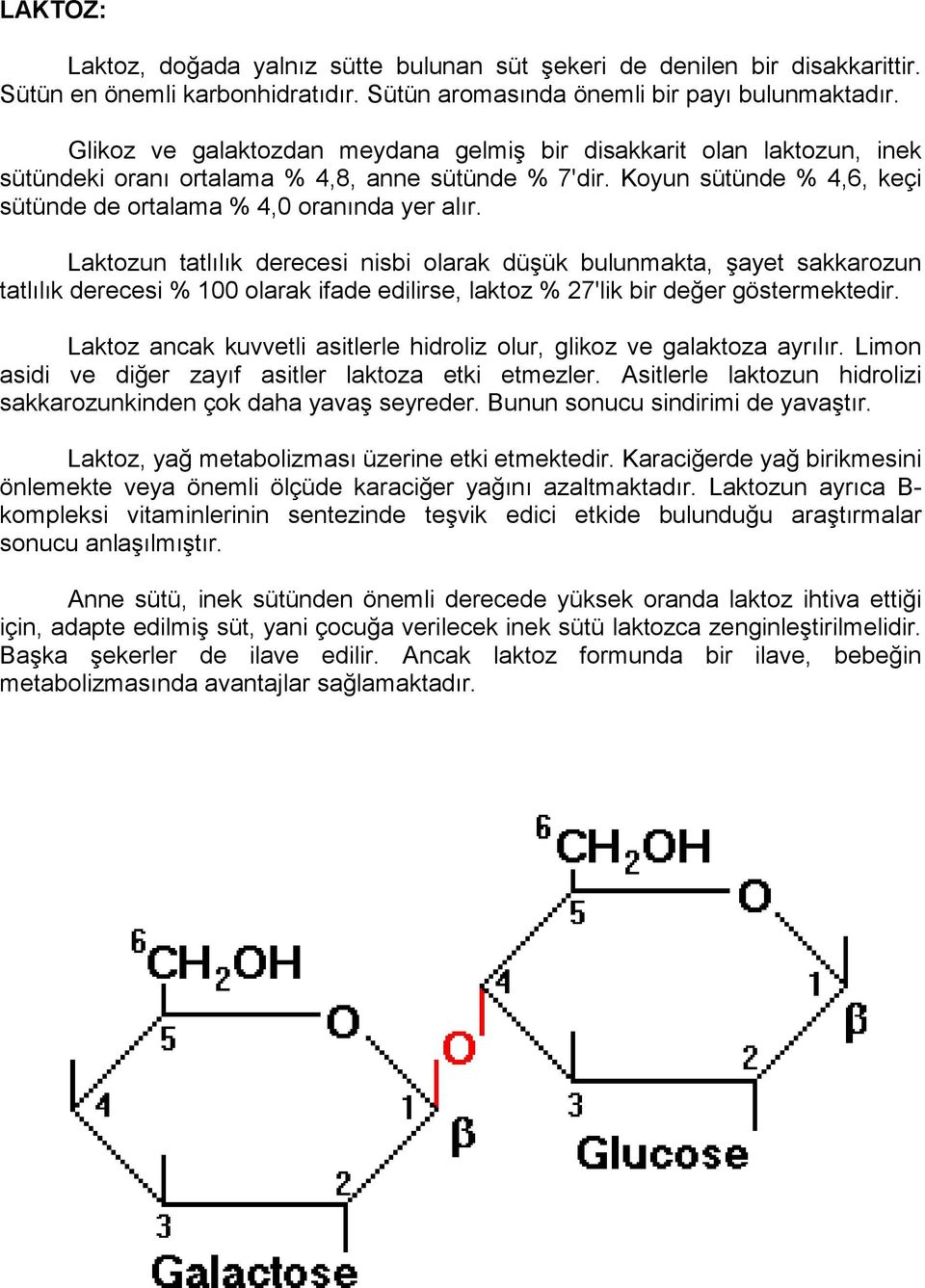 Laktozun tatlılık derecesi nisbi olarak düşük bulunmakta, şayet sakkarozun tatlılık derecesi % 100 olarak ifade edilirse, laktoz % 27'lik bir değer göstermektedir.