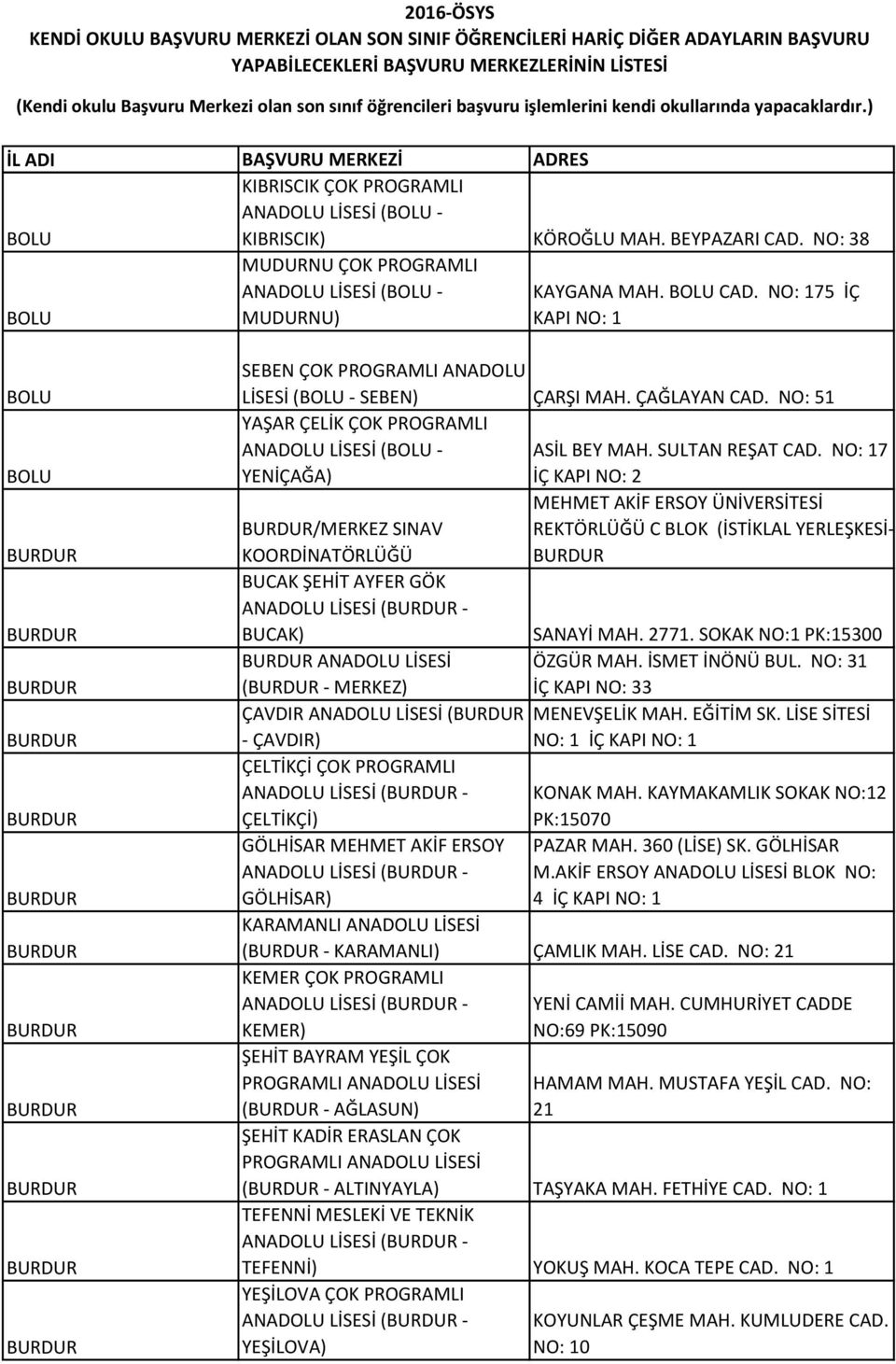 NO: 51 YAŞAR ÇELİK ÇOK PROGRAMLI ANADOLU LİSESİ (BOLU - ASİL BEY MAH. SULTAN REŞAT CAD.