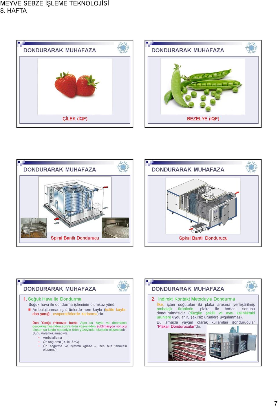 Don Yanığı (=freezer burn): Aşırı su kaybı ve donmanın gerçekleşmesinden sonra ürün yüzeyinden sublimasyon sonucu oluşan su kaybı nedeniyle ürün yüzeyinde lekelerin oluşmasıdır.