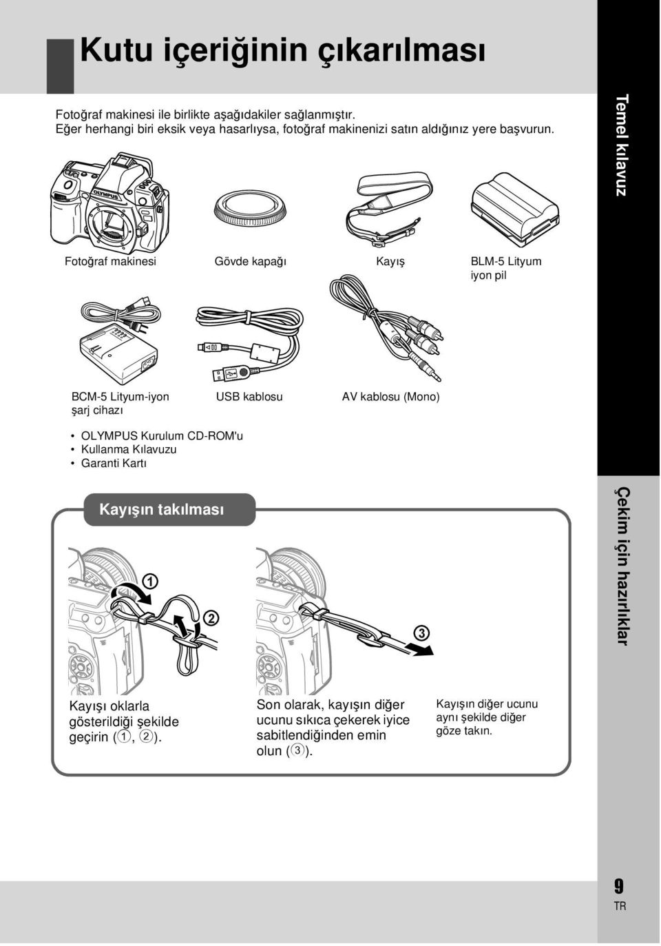 Fotoğraf makinesi Gövde kapağı Kayış BLM-5 Lityum iyon pil Temel kılavuz BCM-5 Lityum-iyon şarj cihazı USB kablosu AV kablosu (Mono) OLYMPUS Kurulum CD-ROM'u