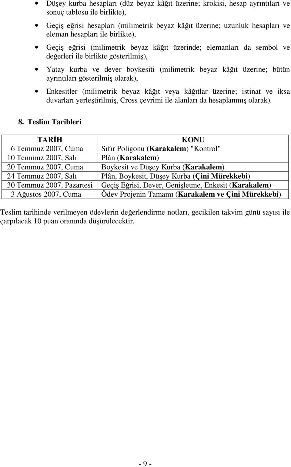 bütün ayrıntıları gösterilmiş olarak), Enkesitler (milimetrik beyaz kâğıt veya kâğıtlar üzerine; istinat ve iksa duvarları yerleştirilmiş, Cross çevrimi ile alanları da hesaplanmış olarak). 8.