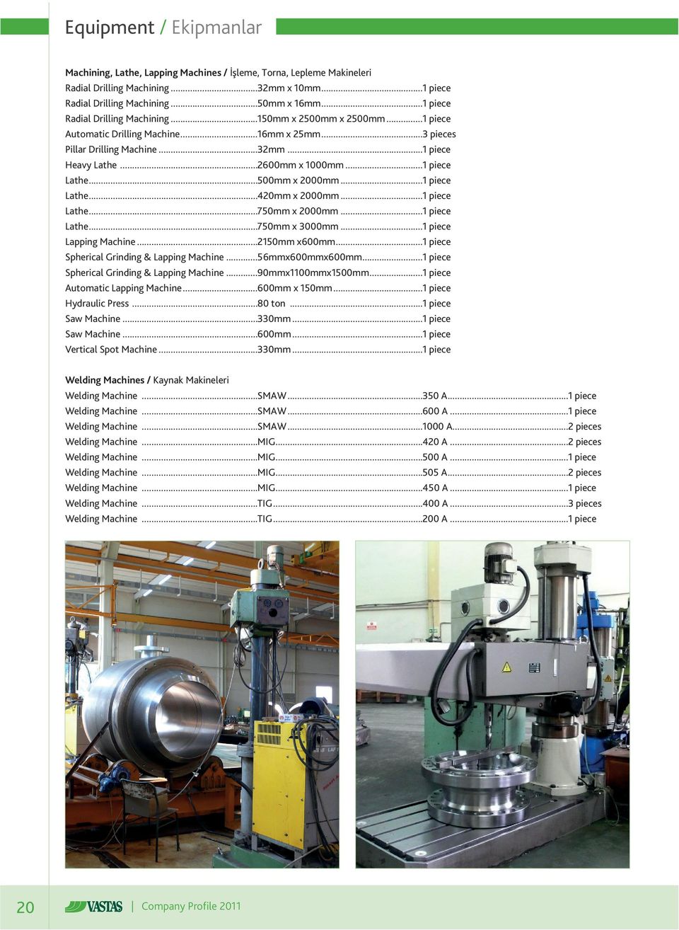 ..1 piece Lathe...500mm x 2000mm...1 piece Lathe...420mm x 2000mm...1 piece Lathe...750mm x 2000mm...1 piece Lathe...750mm x 3000mm...1 piece Lapping Machine...2150mm x600mm.