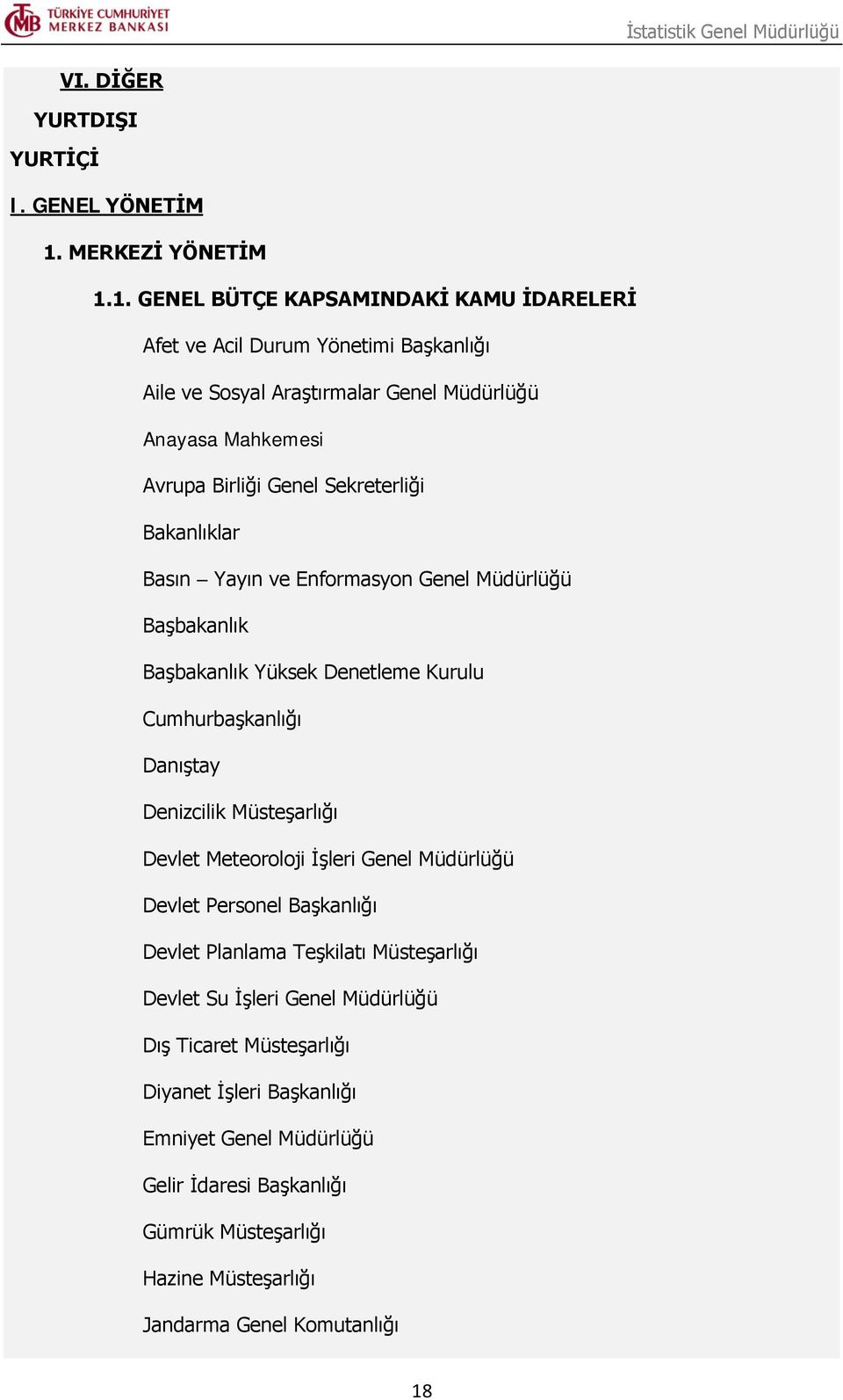 1. GENEL BÜTÇE KAPSAMINDAKİ KAMU İDARELERİ Afet ve Acil Durum Yönetimi Başkanlığı Aile ve Sosyal Araştırmalar Genel Müdürlüğü Anayasa Mahkemesi Avrupa Birliği Genel