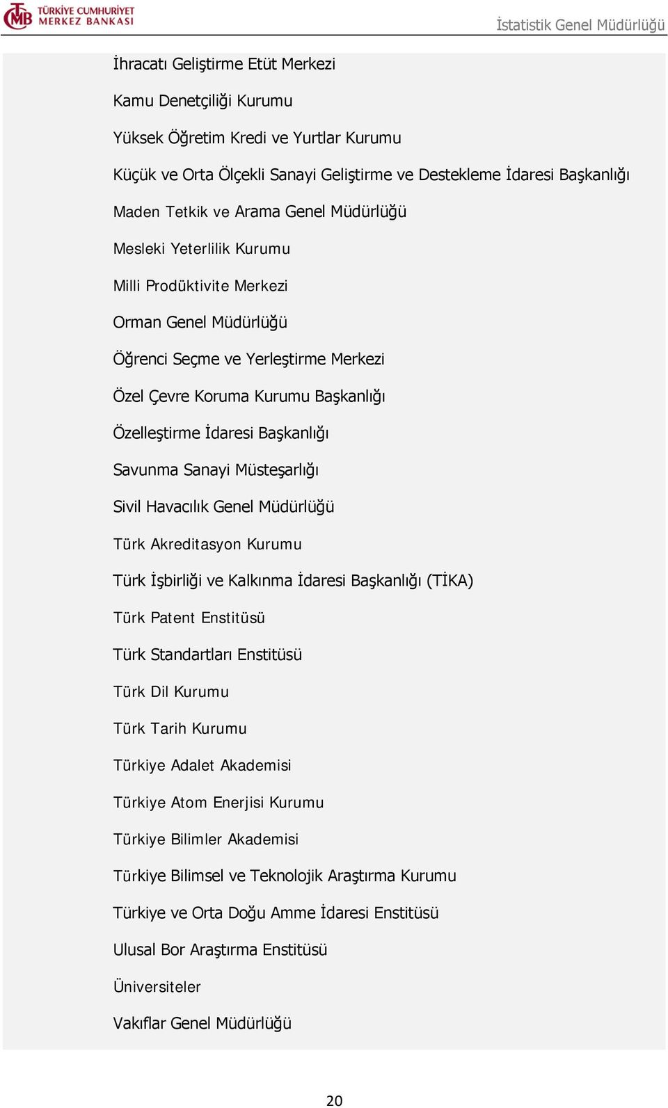 Sanayi Müsteşarlığı Sivil Havacılık Genel Müdürlüğü Türk Akreditasyon Kurumu Türk İşbirliği ve Kalkınma İdaresi Başkanlığı (TİKA) Türk Patent Enstitüsü Türk Standartları Enstitüsü Türk Dil Kurumu