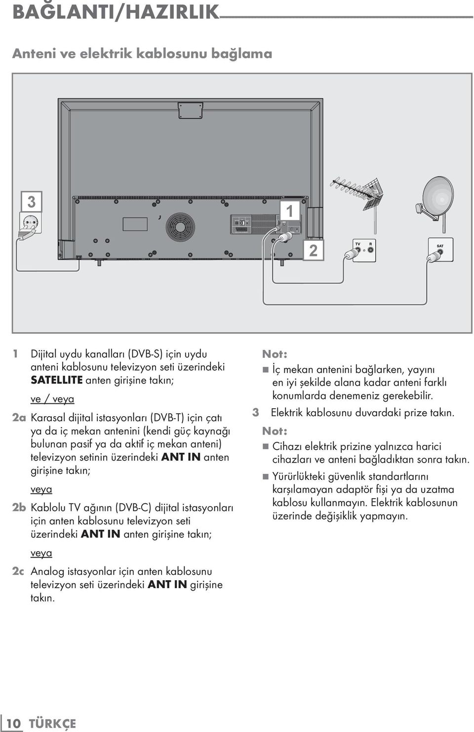 istasyonları (DVB-T) için çatı ya da iç mekan antenini (kendi güç kaynağı bulunan pasif ya da aktif iç mekan anteni) televizyon setinin üzerindeki ANT IN anten girişine takın; veya 2b Kablolu TV