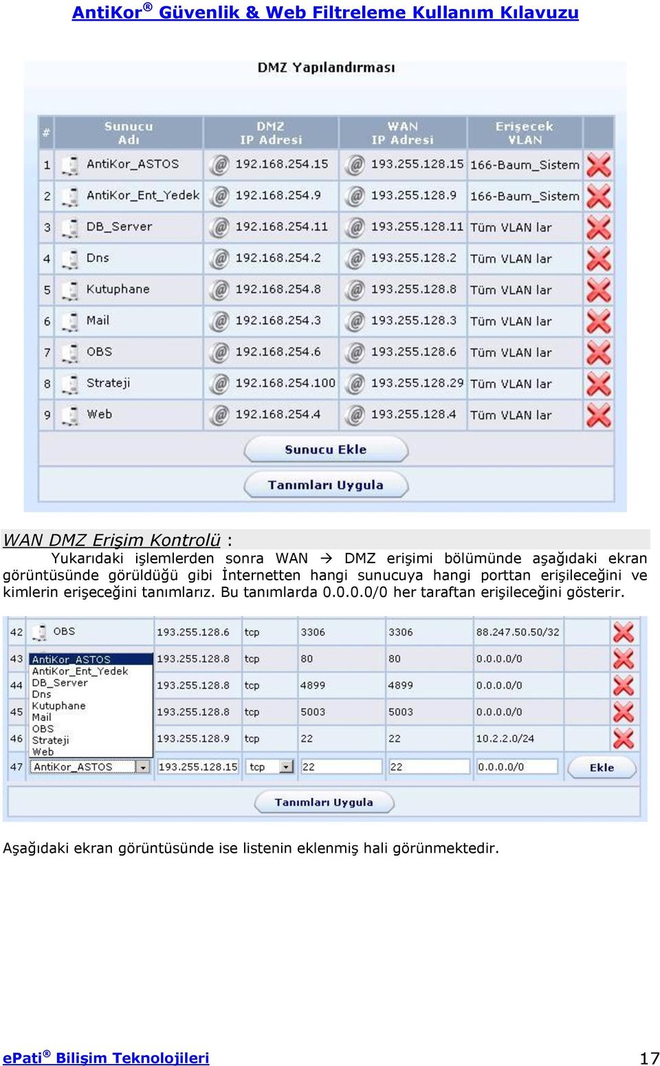 kimlerin erişeceğini tanımlarız. Bu tanımlarda 0.0.0.0/0 her taraftan erişileceğini gösterir.