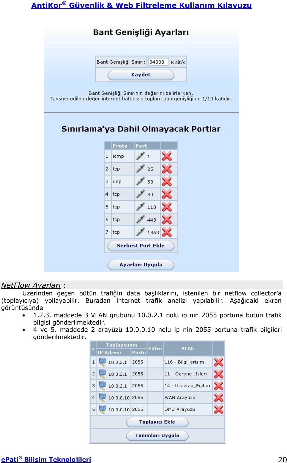 maddede 3 VLAN grubunu 10.0.2.1 nolu ip nin 2055 portuna bütün trafik bilgisi gönderilmektedir. 4 ve 5.