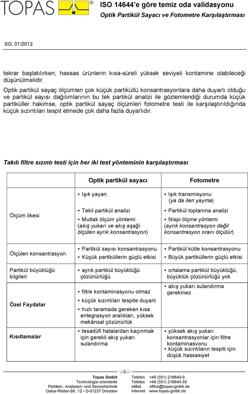 hakimse, optik partikül sayaç ölçümleri fotometre testi ile karşılaştırıldığında küçük sızıntıları tespit etmede çok daha fazla duyarlıdır.