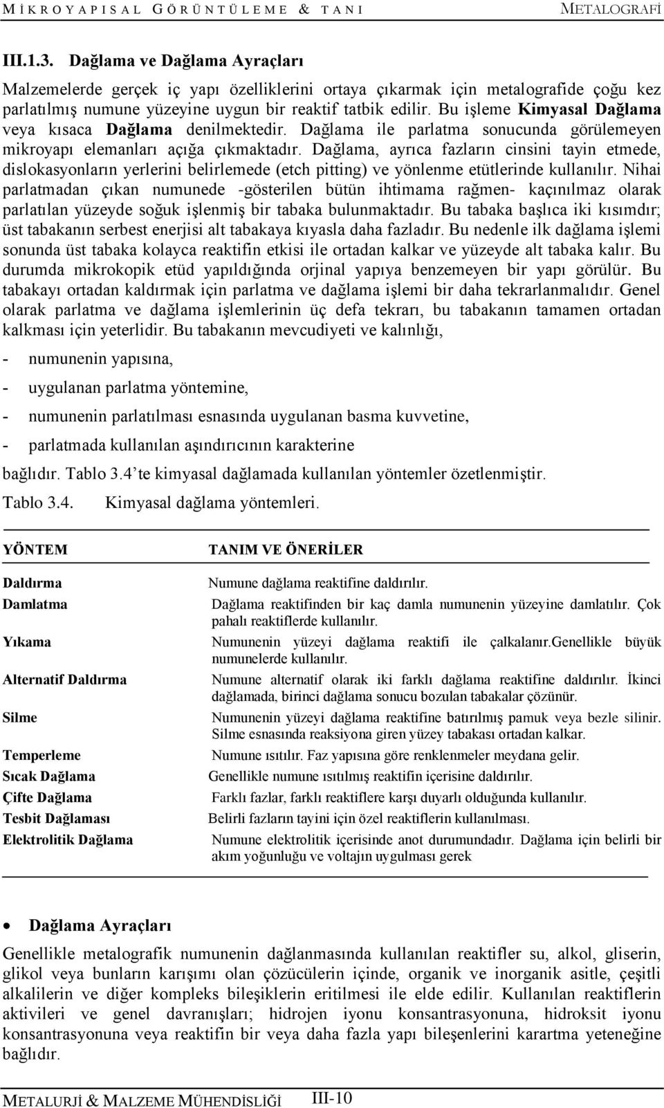 Dağlama, ayrıca fazların cinsini tayin etmede, dislokasyonların yerlerini belirlemede (etch pitting) ve yönlenme etütlerinde kullanılır.