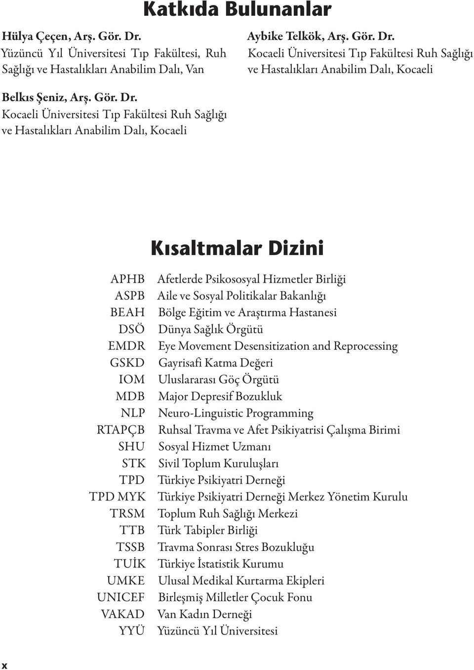 Kocaeli Üniversitesi Tıp Fakültesi Ruh Sağlığı ve Hastalıkları Anabilim Dalı, Kocaeli K saltmalar Dizini APHB ASPB BEAH DSÖ EMDR GSKD IOM MDB NLP RTAPÇB SHU STK TPD TPD MYK TRSM TTB TSSB TUİK UMKE