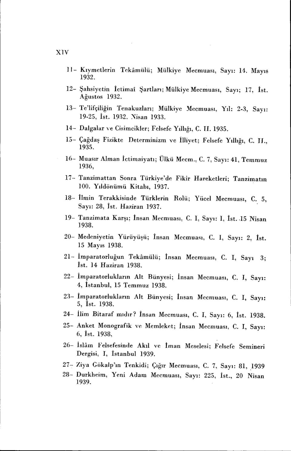 II., 193.'). 10- Muasır Alman İctimaiyatı; Ülkü Mecm., C. 7, Sayı: 41, Temmuz 1936, 17- Tanzimattan Sonra Türkiye'de Fikir Hareketleri; Tanzimatın 100. Yıldönümü Kitabı, 1937.