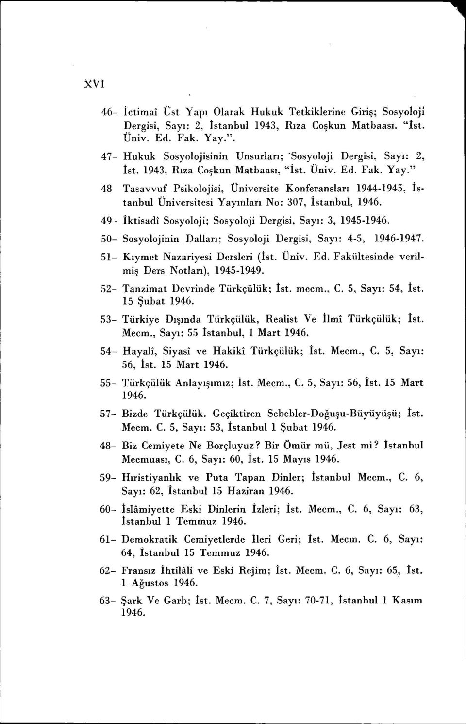 49- İktisadi Sosyoloji; Sosyoloji Dergisi, Sayı: 3, 1945-1946. 50- Sosyolojiniıı Dalları; Sosyoloji Dergisi, Sayı: 4-5, 1946-1947. 51- Kıymet Nazariyesi Dersleri (İst. Üniv. Ed.