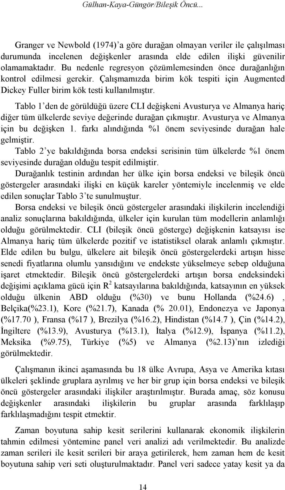 Tablo 1 den de görüldüğü üzere CLI değişkeni Avusturya ve Almanya hariç diğer tüm ülkelerde seviye değerinde durağan çıkmıştır. Avusturya ve Almanya için bu değişken 1.