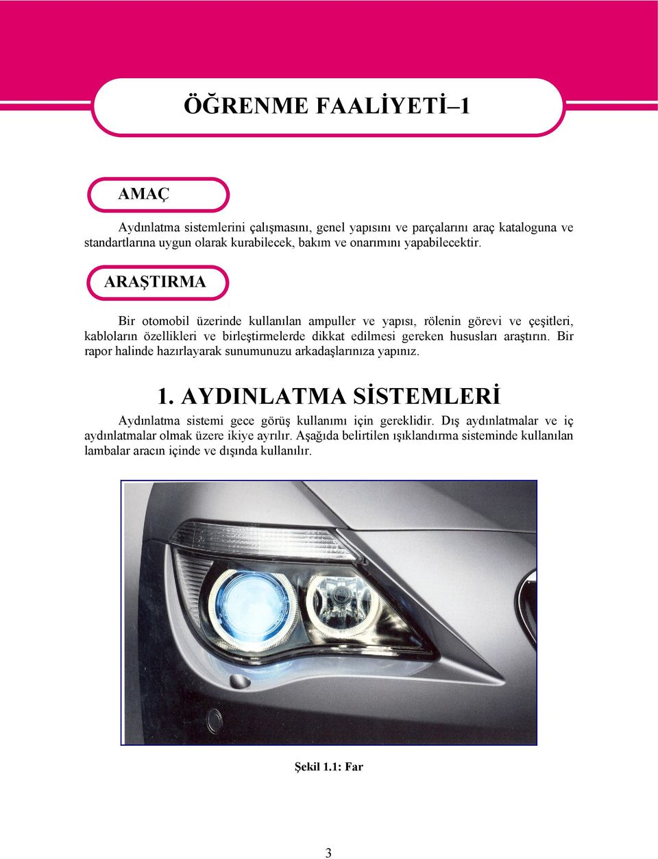 ARAŞTIRMA Bir otomobil üzerinde kullanılan ampuller ve yapısı, rölenin görevi ve çeşitleri, kabloların özellikleri ve birleştirmelerde dikkat edilmesi gereken hususları araştırın.