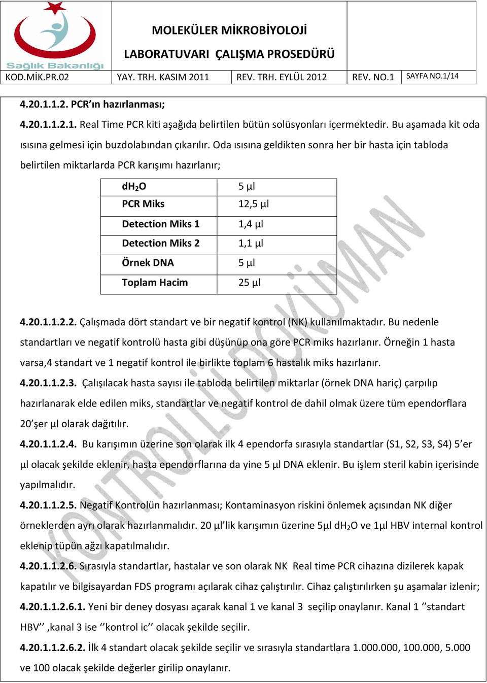 μl 5 μl 25 μl 4.20.1.1.2.2. Çalışmada dört standart ve bir negatif kontrol (NK) kullanılmaktadır. Bu nedenle standartları ve negatif kontrolü hasta gibi düşünüp ona göre PCR miks hazırlanır.