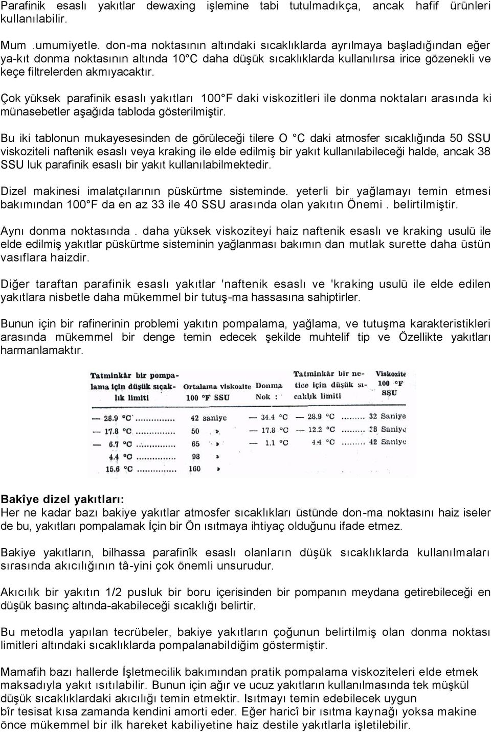 Çok yüksek parafinik esaslı yakıtları 100 F daki viskozitleri ile donma noktaları arasında ki münasebetler aşağıda tabloda gösterilmiştir.