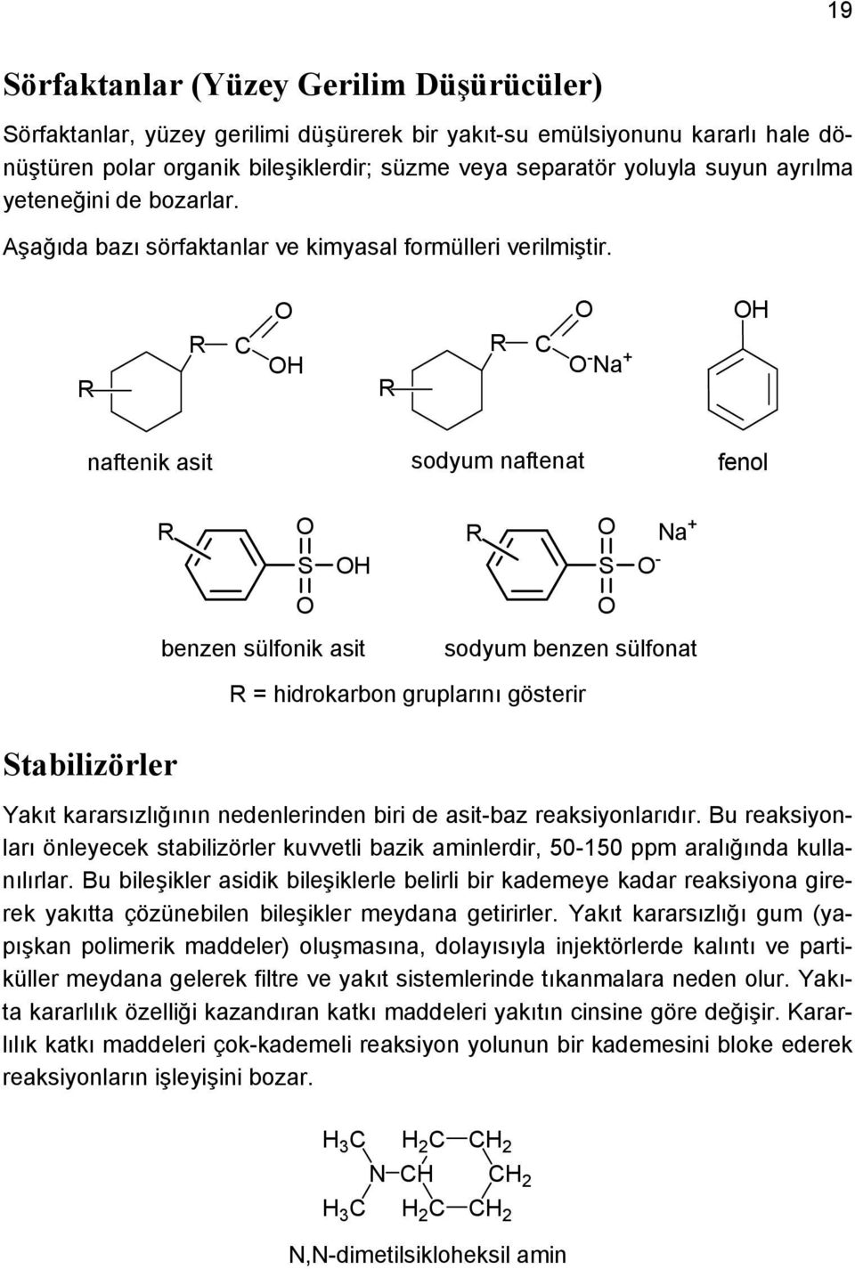 - Na + naftenik asit sodyum naftenat fenol Stabilizörler S benzen sülfonik asit S - Na + sodyum benzen sülfonat Yakıt kararsızlığının nedenlerinden biri de asit-baz reaksiyonlarıdır.