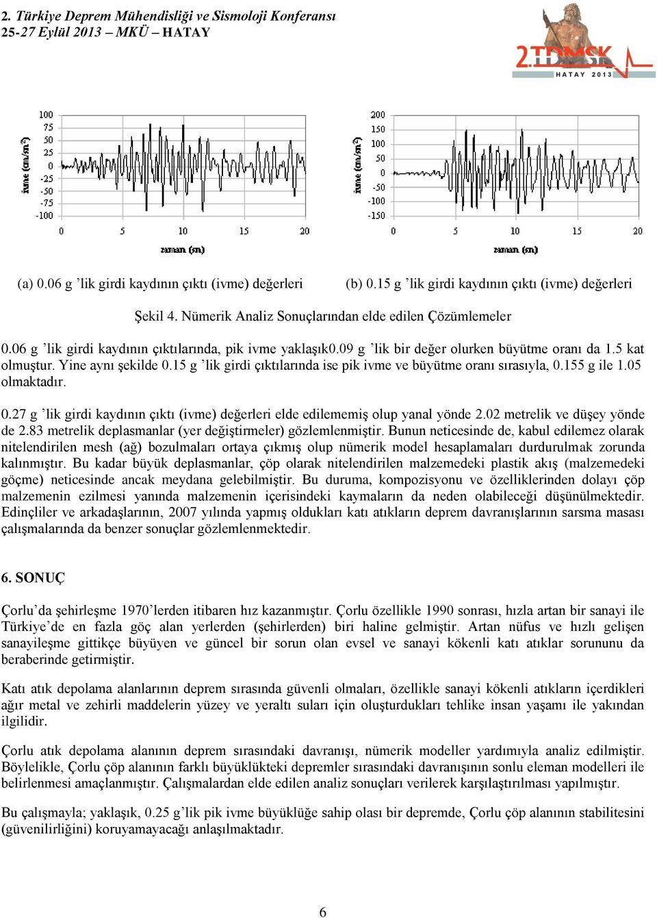 15 g lik girdi çıktılarında ise pik ivme ve büyütme oranı sırasıyla, 0.155 g ile 1.05 olmaktadır. 0.27 g lik girdi kaydının çıktı (ivme) değerleri elde edilememiş olup yanal yönde 2.