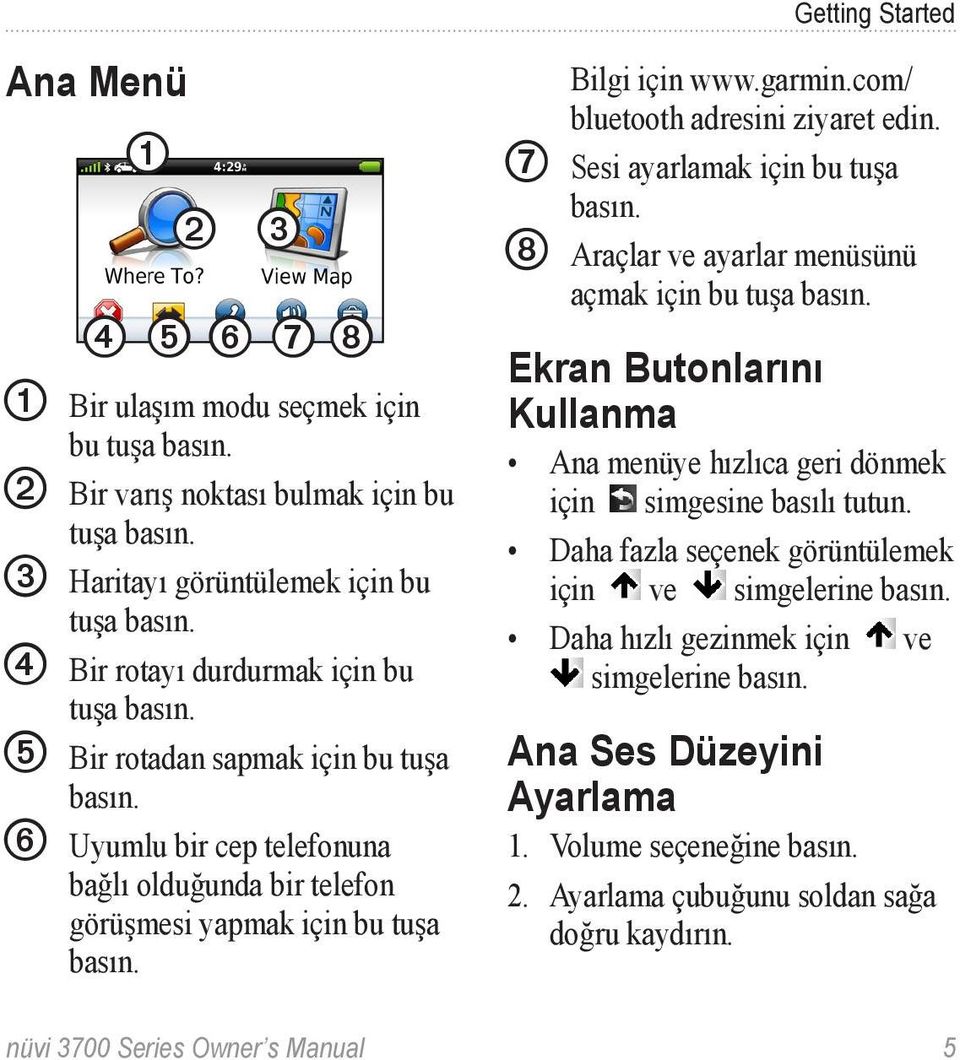 com/ bluetooth adresini ziyaret edin. ➐ Sesi ayarlamak için bu tuşa basın. ➑ Araçlar ve ayarlar menüsünü açmak için bu tuşa basın.