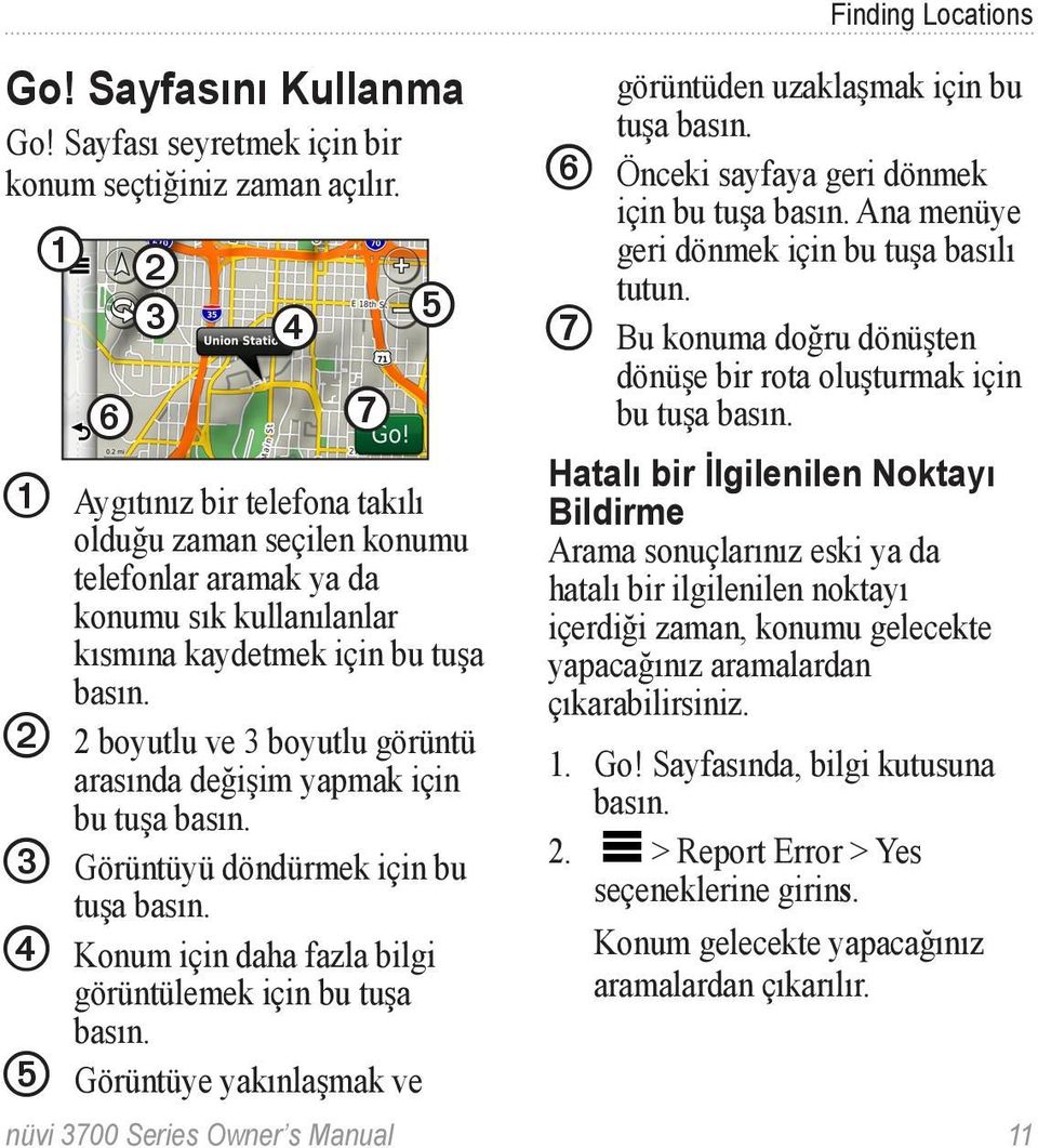 ➋ 2 boyutlu ve 3 boyutlu görüntü arasında değişim yapmak için bu tuşa basın. ➌ Görüntüyü döndürmek için bu tuşa basın. ➍ Konum için daha fazla bilgi görüntülemek için bu tuşa basın.