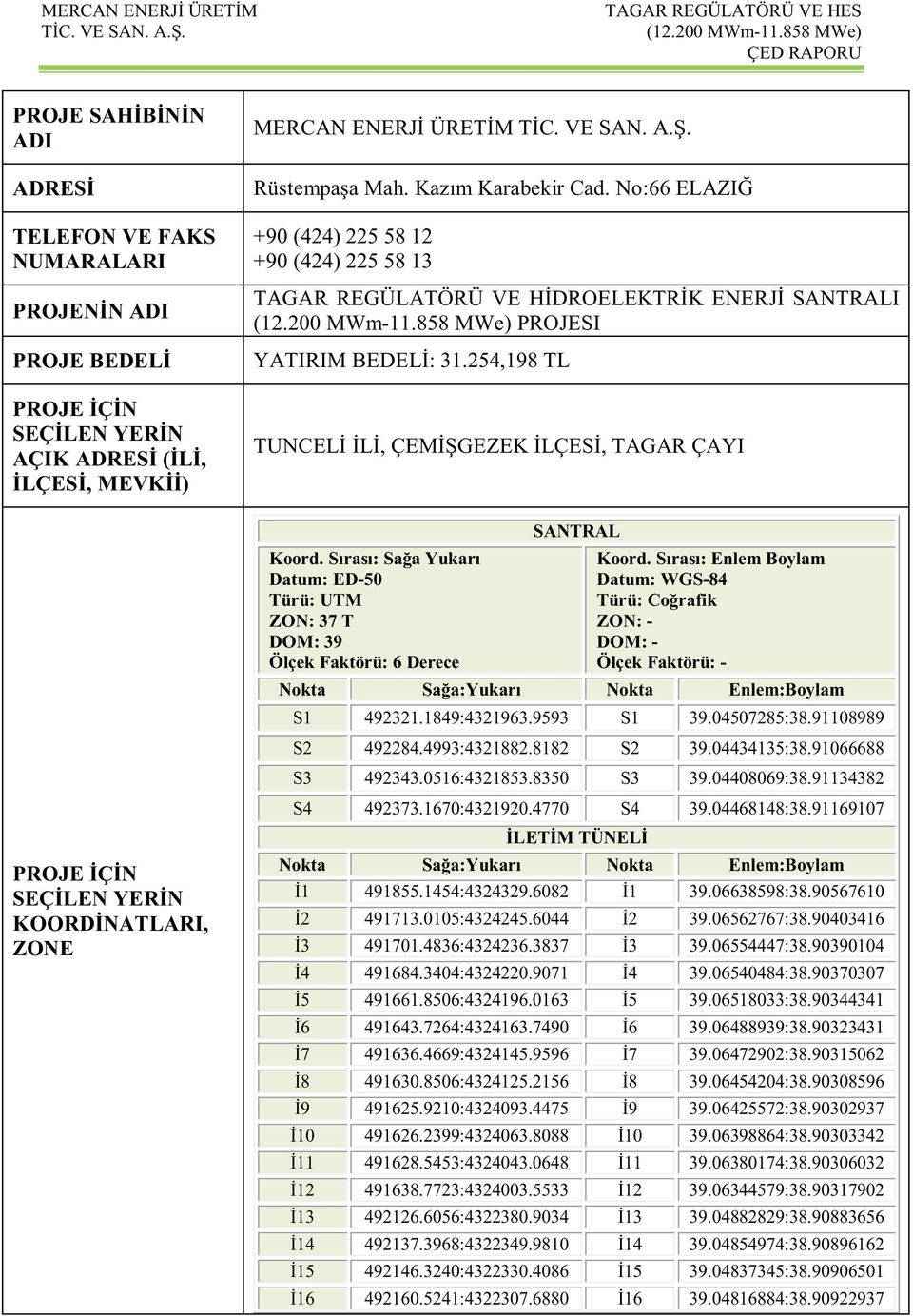 254,198 TL TUNCELİ İLİ, ÇEMİŞGEZEK İLÇESİ, TAGAR ÇAYI SANTRAL Koord. Sırası: Sağa Yukarı Datum: ED-50 Türü: UTM ZON: 37 T DOM: 39 Ölçek Faktörü: 6 Derece Koord.