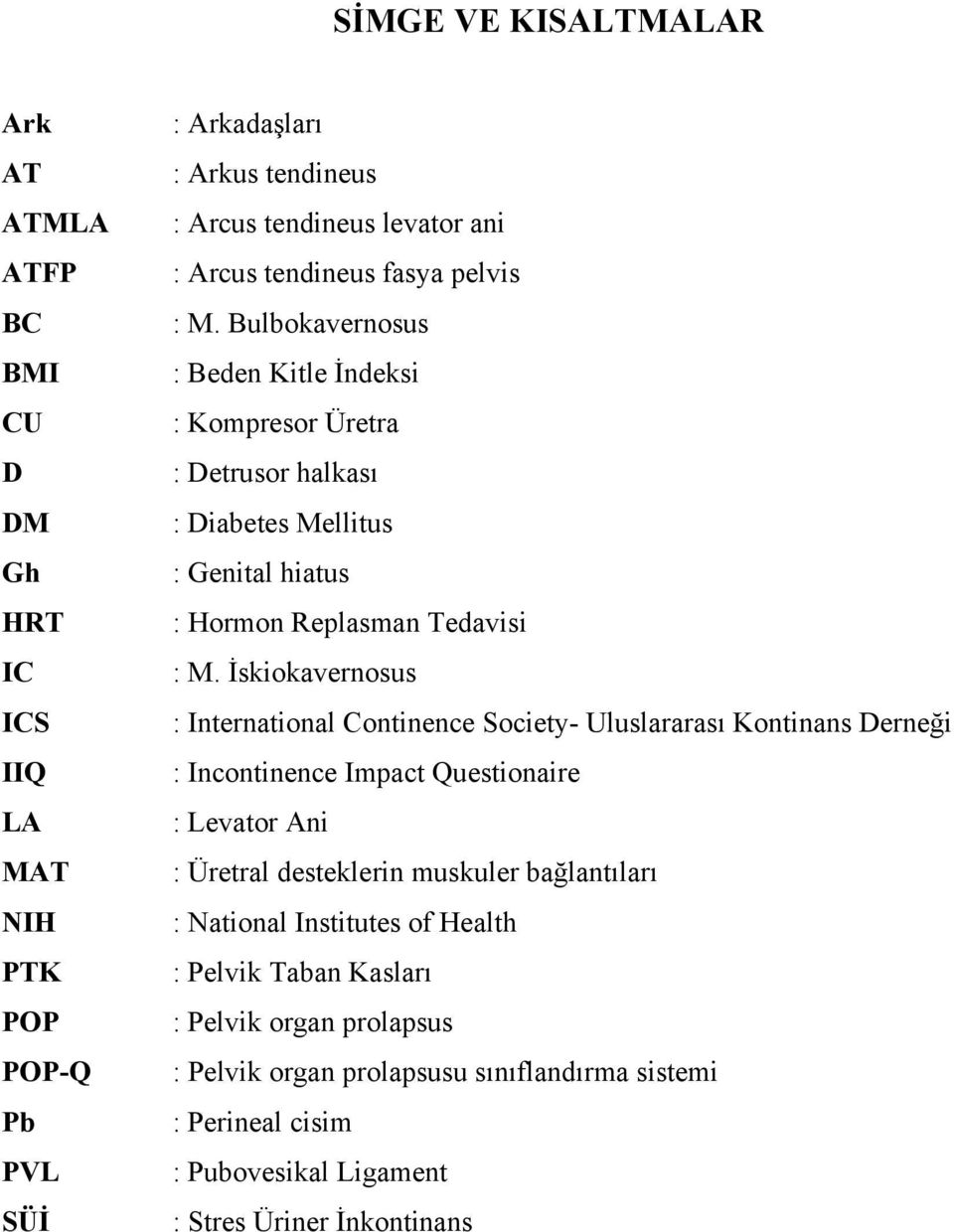 İskiokavernosus : International Continence Society- Uluslararası Kontinans Derneği : Incontinence Impact Questionaire : Levator Ani : Üretral desteklerin muskuler bağlantıları :