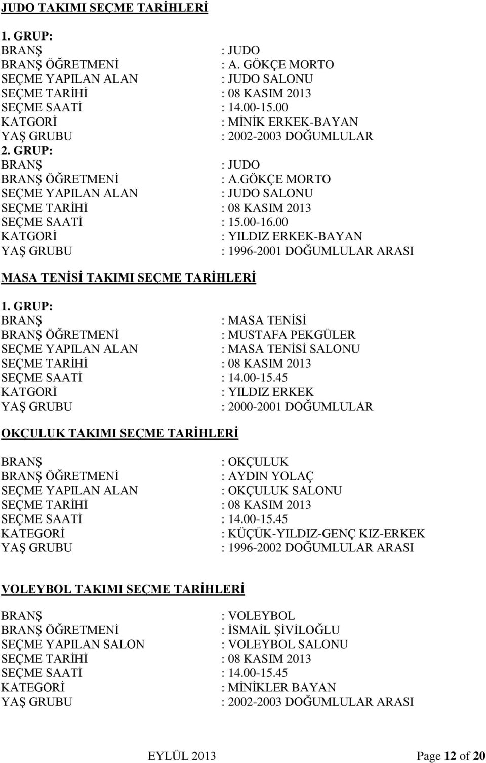 00 KATGORİ : YILDIZ ERKEK-BAYAN : 1996-2001 DOĞUMLULAR ARASI MASA TENİSİ TAKIMI SEÇME TARİHLERİ 1.