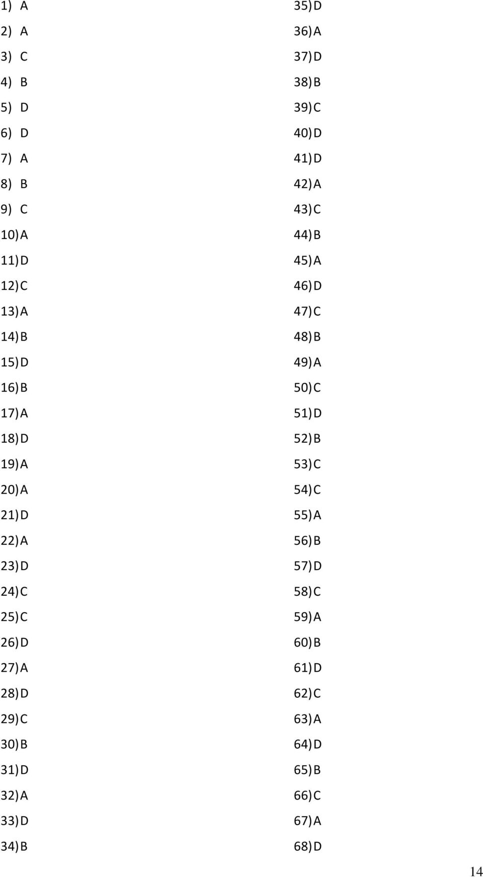 D 36) A 37) D 38) B 39) C 40) D 41) D 42) A 43) C 44) B 45) A 46) D 47) C 48) B 49) A 50) C 51) D