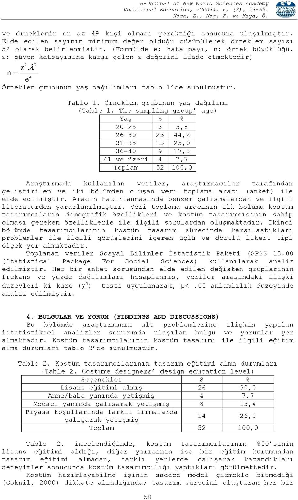 Örneklem grubunun yaş dağılımı (Table 1.