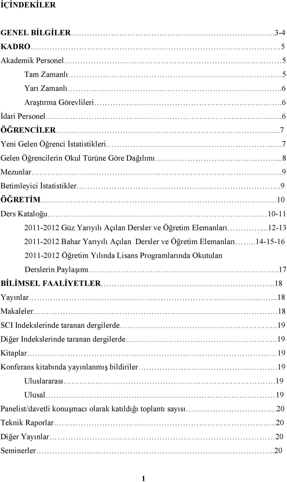 ..12-13 2011-2012 Bahar Yarıyılı Açılan Dersler ve Öğretim Elemanları..14-15-16 2011-2012 Öğretim Yılında Lisans Programlarında Okutulan Derslerin Paylaşımı..17 BİLİMSEL FAALİYETLER..18 Yayınlar.