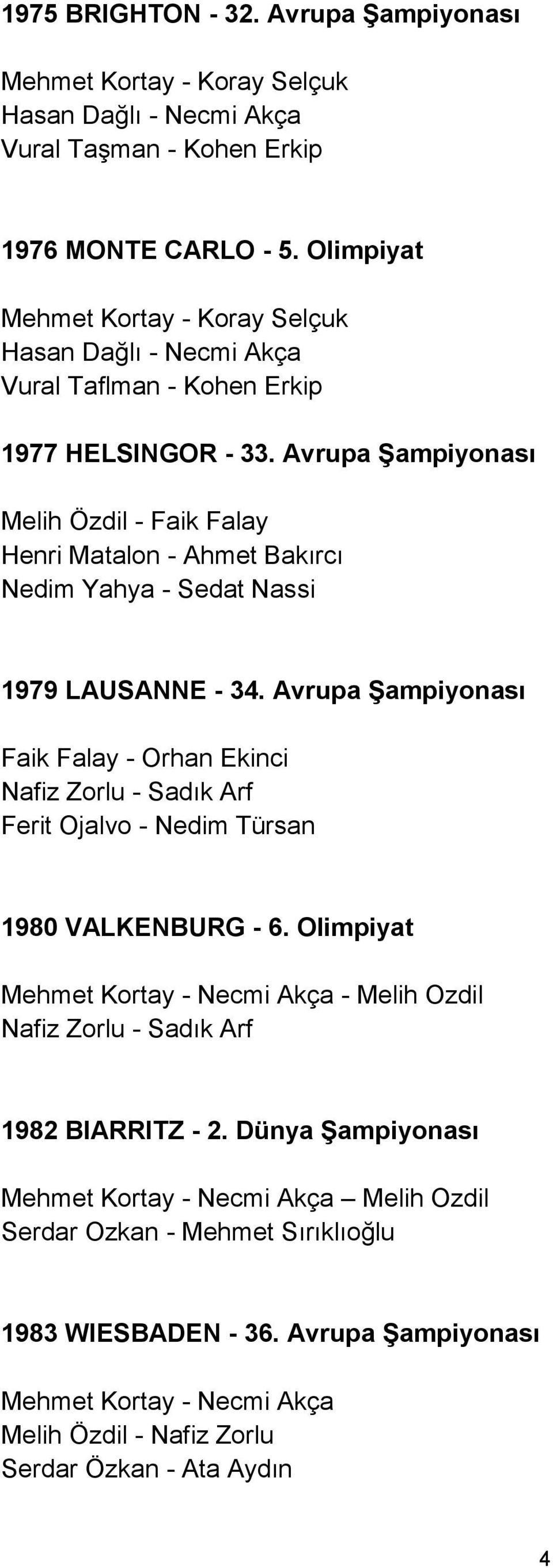 Avrupa Şampiyonası Melih Özdil - Faik Falay Henri Matalon - Ahmet Bakırcı Nedim Yahya - Sedat Nassi 1979 LAUSANNE - 34.