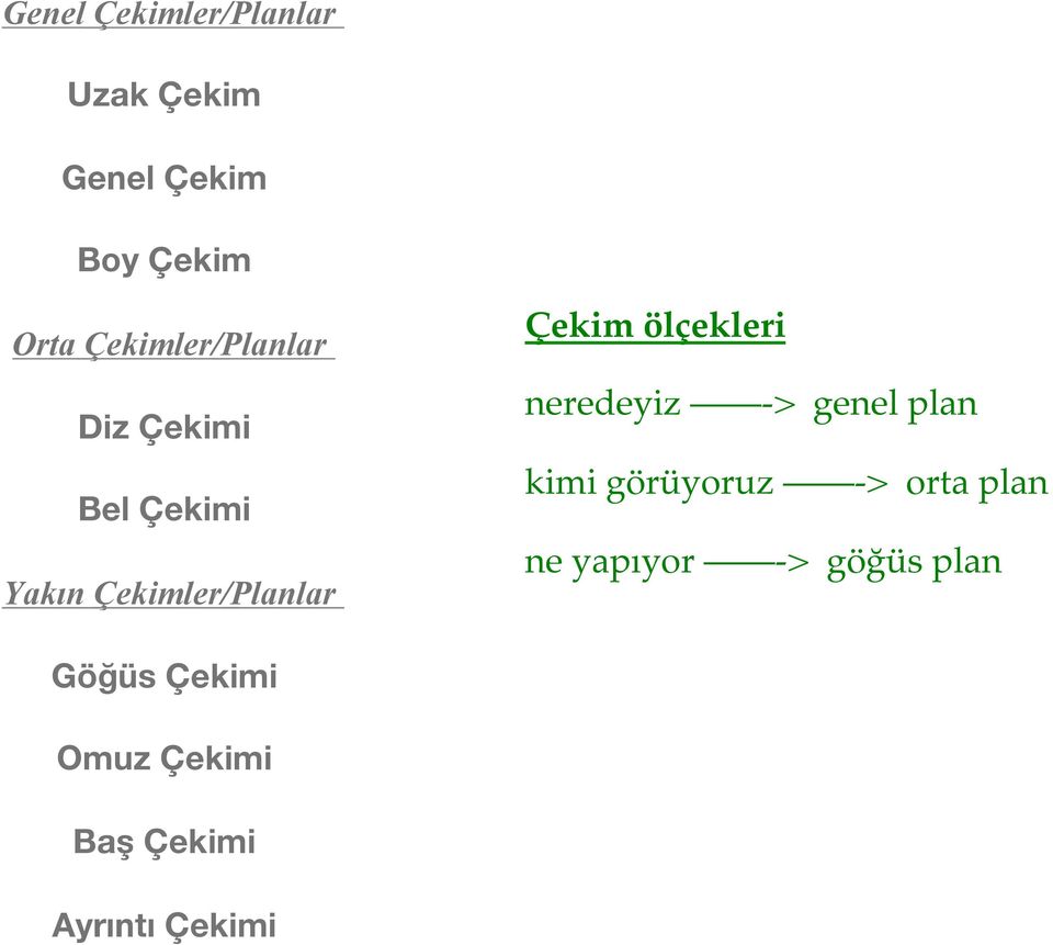 Çekim ölçekleri neredeyiz -> genel plan kimi görüyoruz -> orta