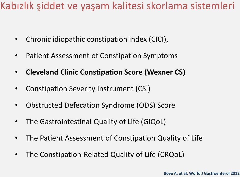 Instrument (CSI) Obstructed Defecation Syndrome (ODS) Score The Gastrointestinal Quality of Life (GIQoL) The